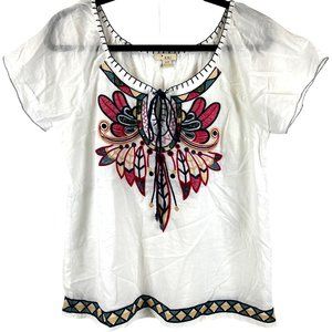 Forever 21 White Embroidered Peasant Top Blouse Short Sleeve Boho Size S/P